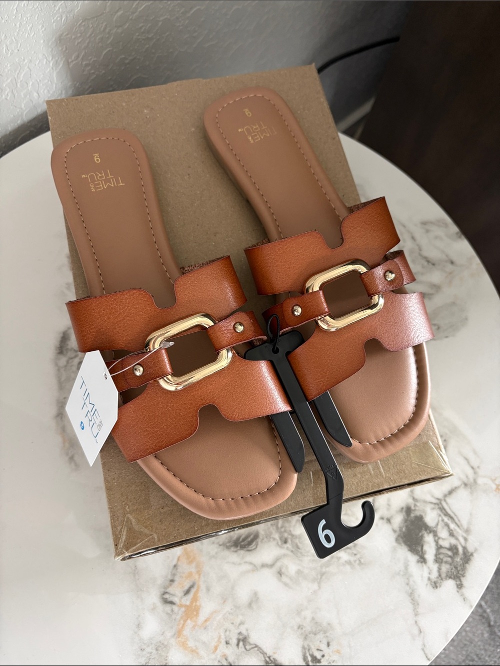 Time and Tru Tan Brown Slide Sandals with Gold Buckle Size 9 - Picture 9 of 9